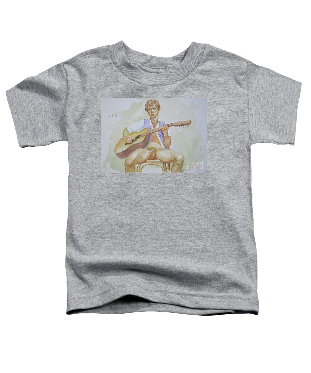 Original Art Toddler T-Shirt featuring the painting Original Watercolour Painting Art Male Nude Man And Guitaron Paper#16-1-25 by Hongtao Huang