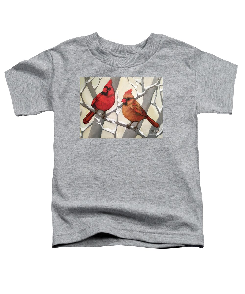Bird Toddler T-Shirt featuring the painting Our visitors cadinals by Inese Poga