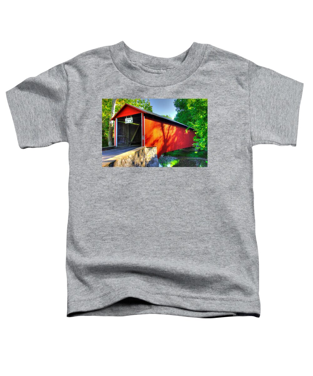 Witherspoon Covered Bridge Toddler T-Shirt featuring the photograph PA Country Roads - Witherspoon Covered Bridge Over Licking Creek No. 4B - Franklin County by Michael Mazaika