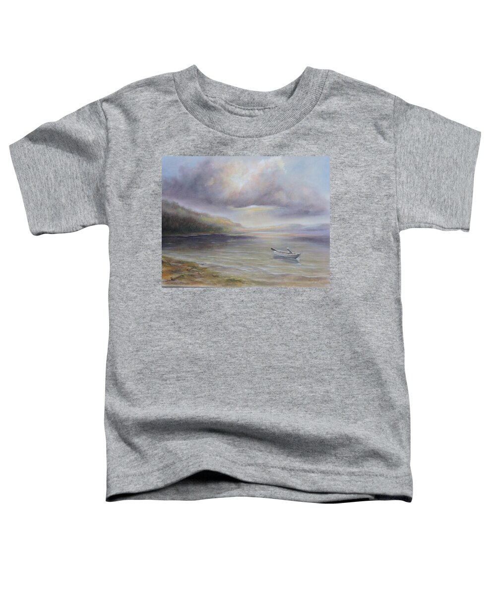 Luczay Toddler T-Shirt featuring the painting Beach by Sruce Run Lake in New Jersey at sunrise with a boat by Katalin Luczay