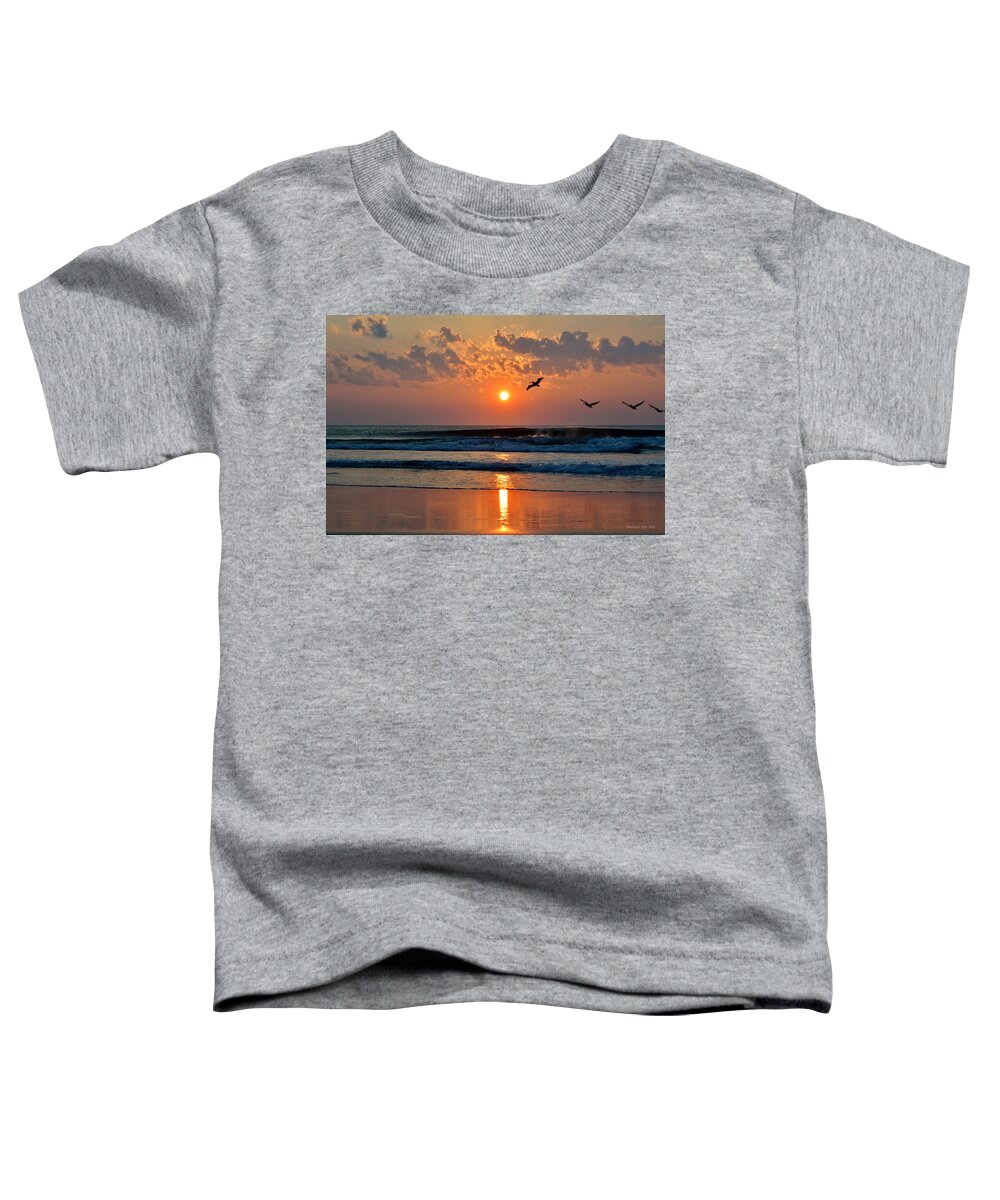 Obx Sunrise Toddler T-Shirt featuring the photograph Pelicans on the move by Barbara Ann Bell