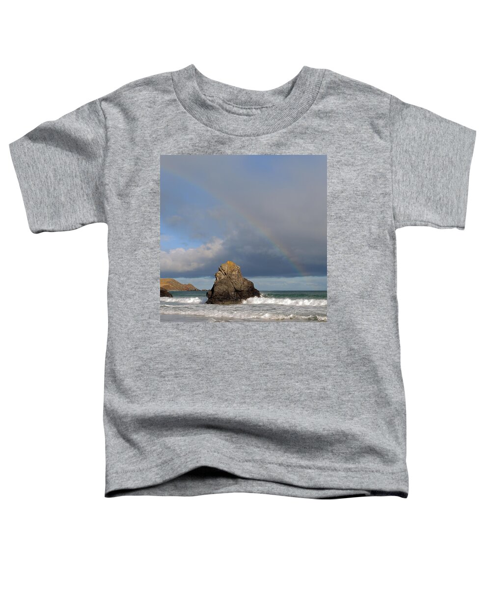 Durness Toddler T-Shirt featuring the photograph Rainbow above Sango Bay Sea Stack by Maria Gaellman