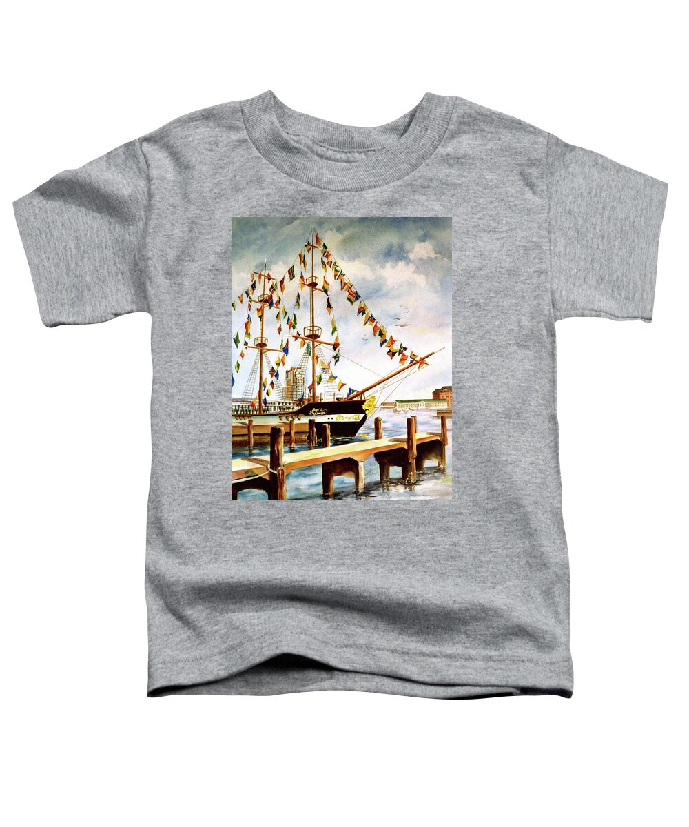 Gasparilla Pirate Ship Jose Gaspar Tampa Florida Parade Watercolor Historical Celebration Toddler T-Shirt featuring the painting Ready the Celebration by Roxanne Tobaison