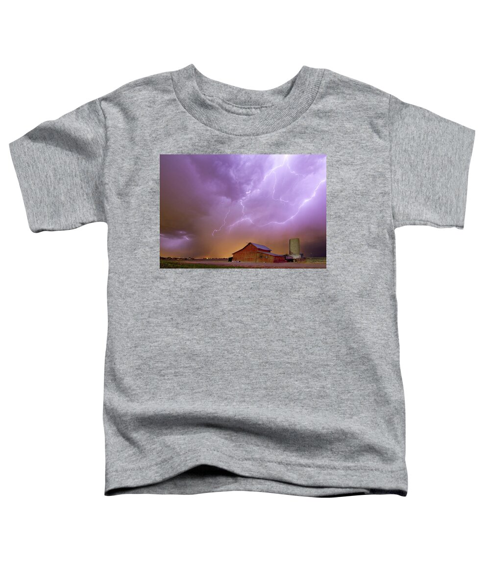 Lightning Toddler T-Shirt featuring the photograph Red Barn on a Farm and What a Beautiful Sight by James BO Insogna