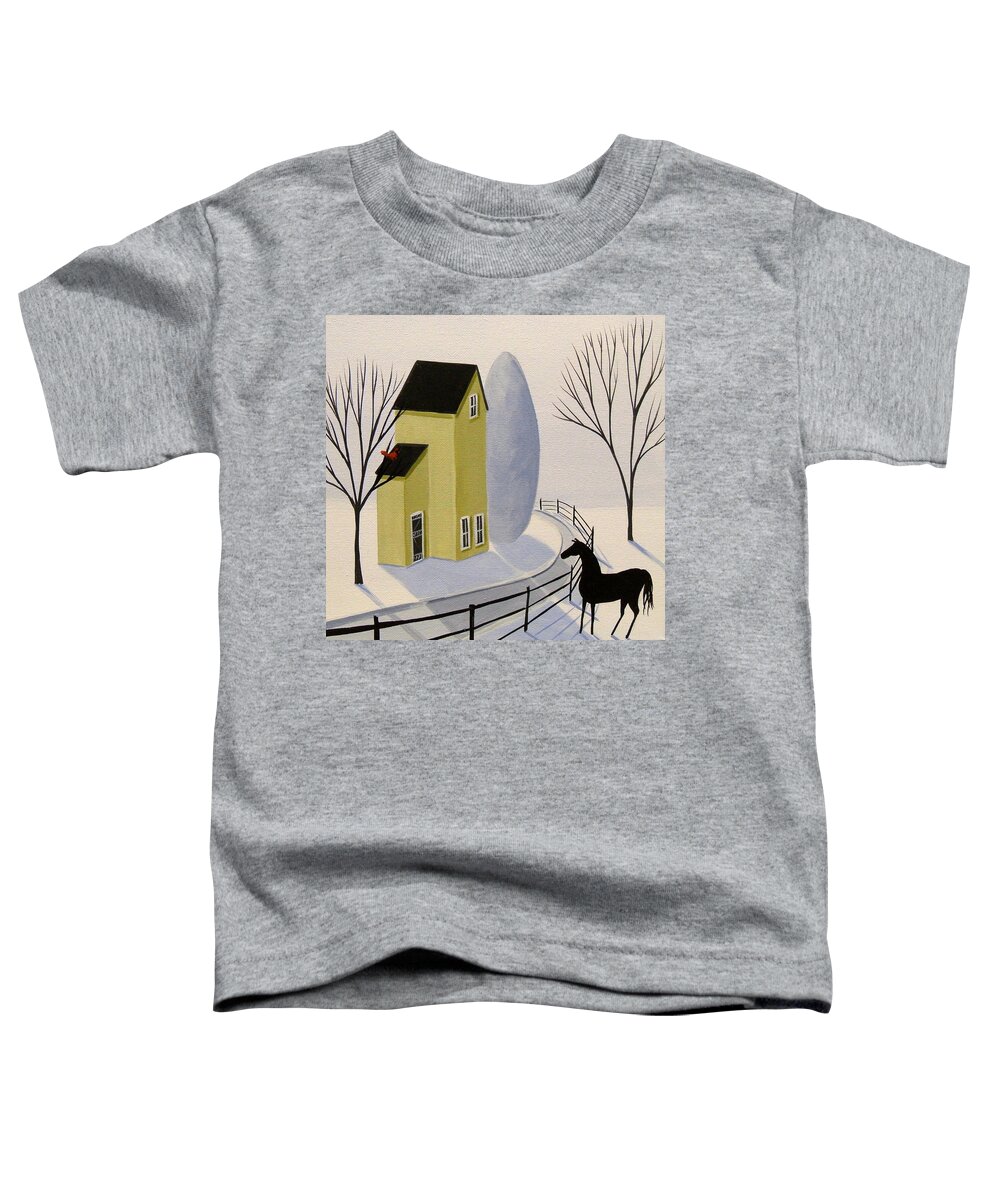 Folk Art Toddler T-Shirt featuring the painting Red Bird, Red Bird - horse winter landscape by Debbie Criswell