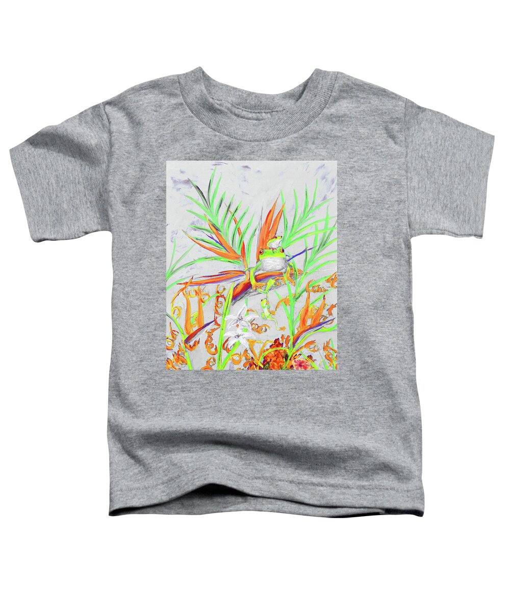 Tree Toddler T-Shirt featuring the painting Red Eyed Tree Frogs On Birds Of Paradise Tropical Flowers White by Ken Figurski