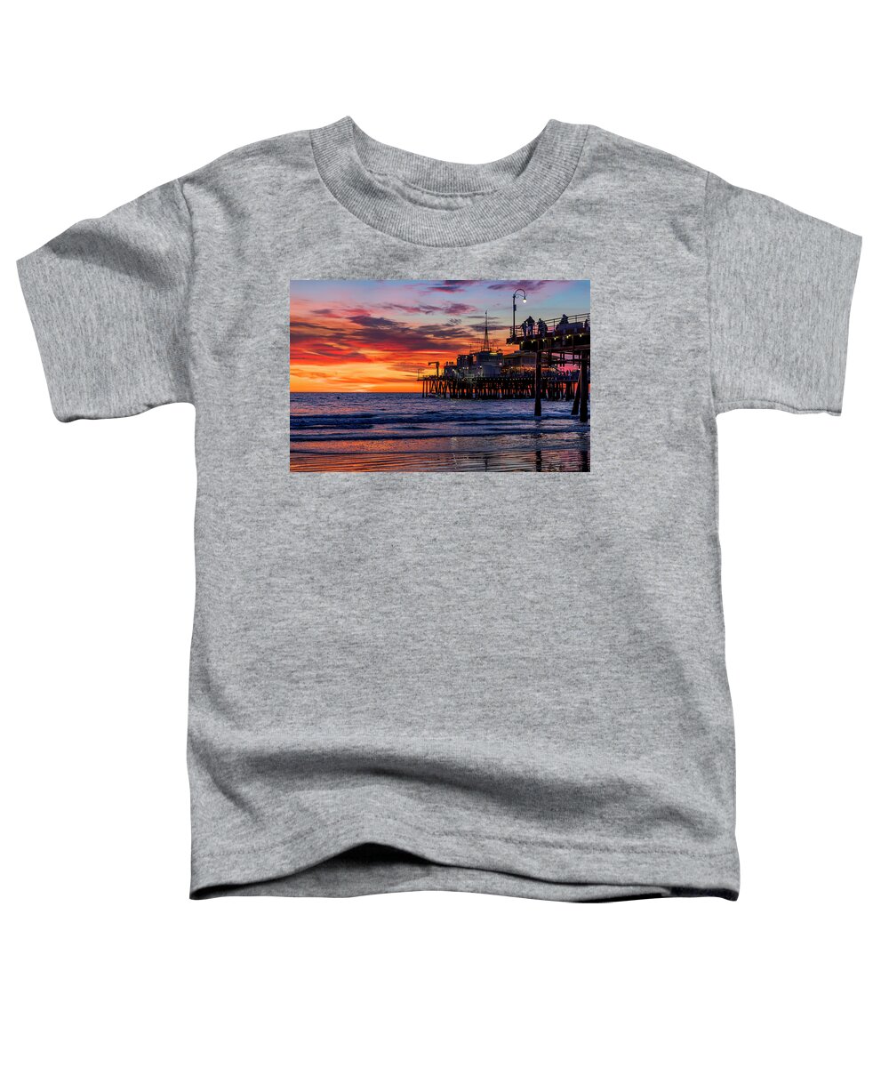 Santa Monica Pier Sunset Toddler T-Shirt featuring the photograph Reflections Of The Pier by Gene Parks