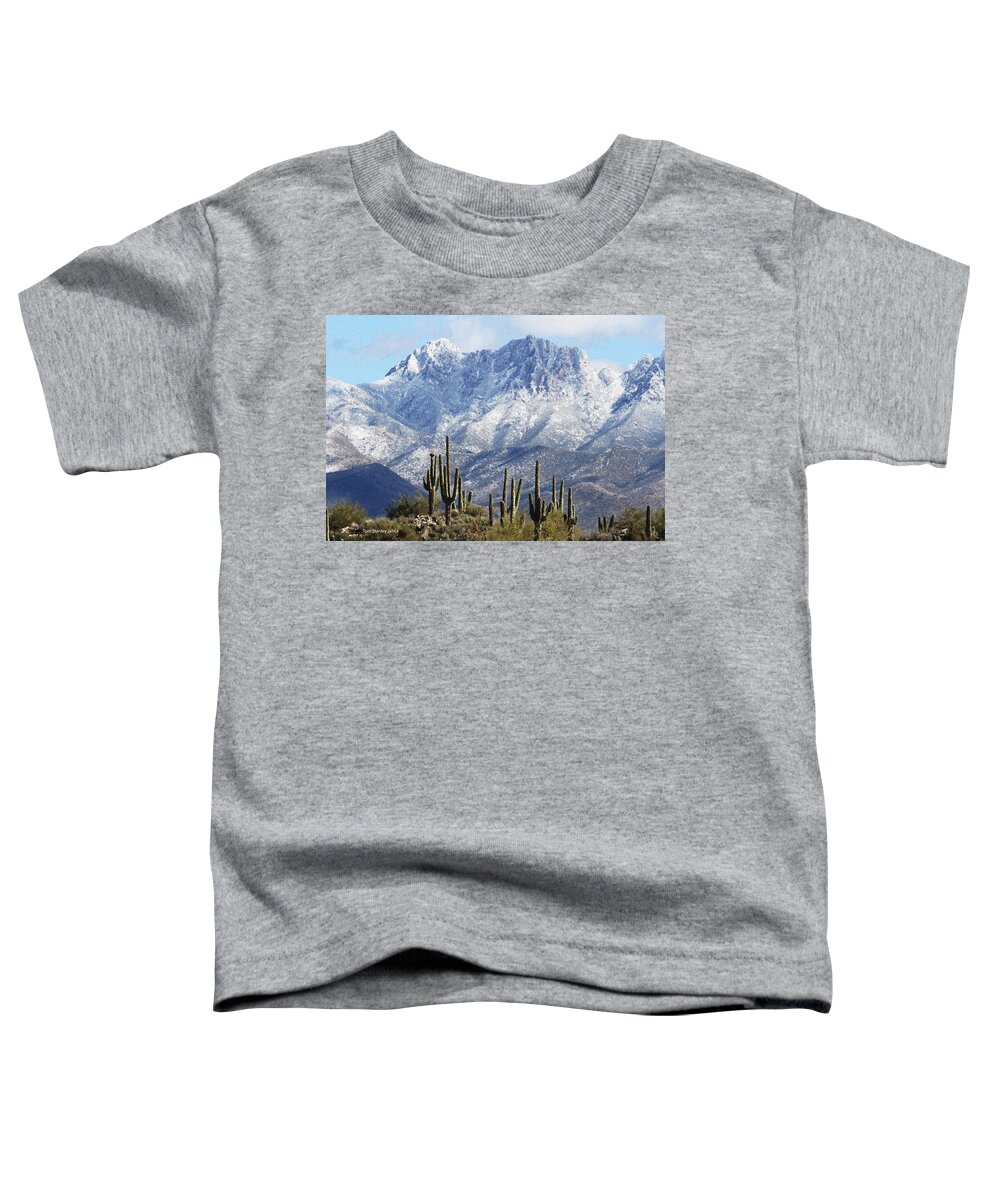 Saguaros At Four Peaks With Snow Toddler T-Shirt featuring the photograph Saguaros At Four Peaks With Snow by Tom Janca