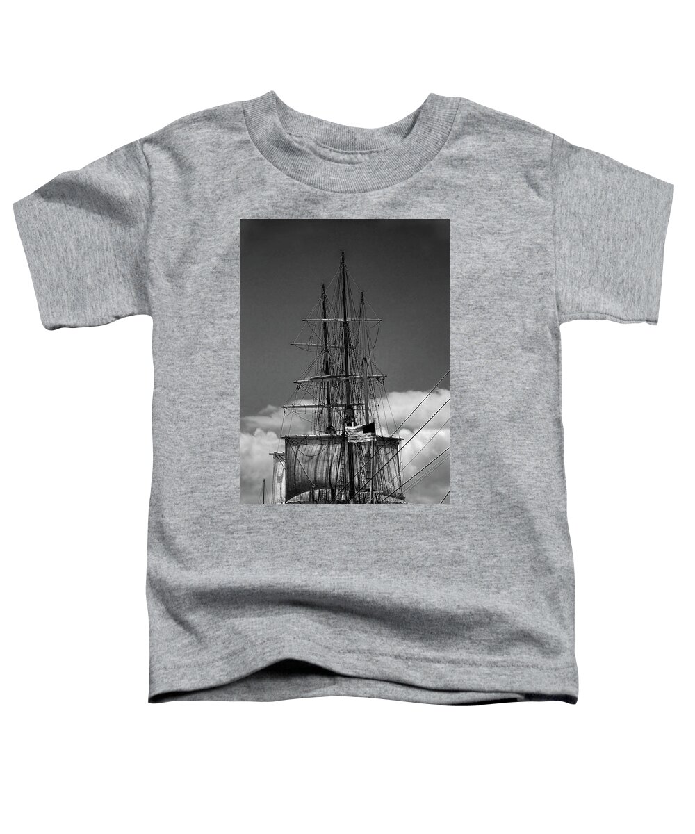 Art Toddler T-Shirt featuring the photograph Sails and Mast Riggings on a Tall Ship in Black and White by Randall Nyhof