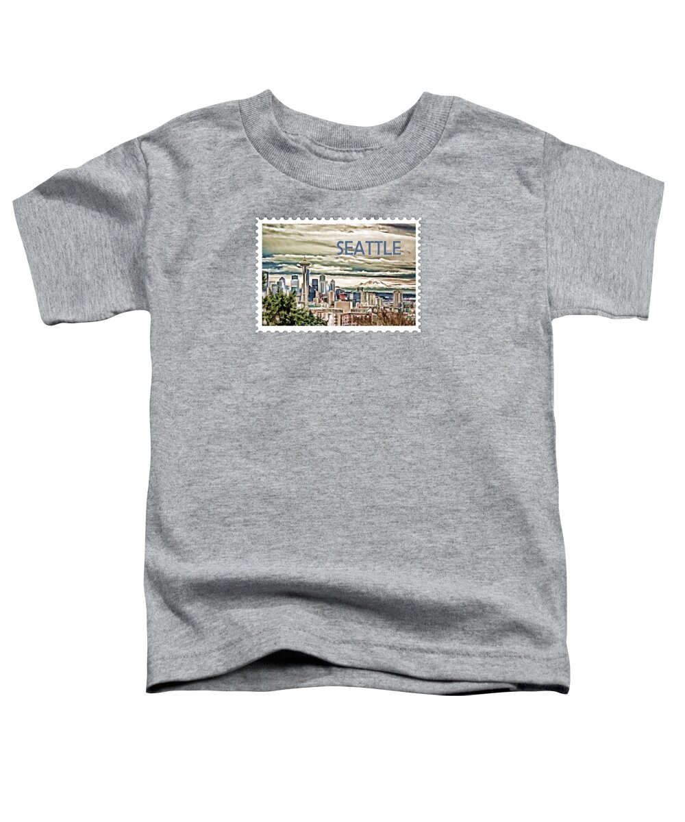 Seattle Toddler T-Shirt featuring the painting Seattle Skyline in Fog and Rain TEXT SEATTLE by Elaine Plesser