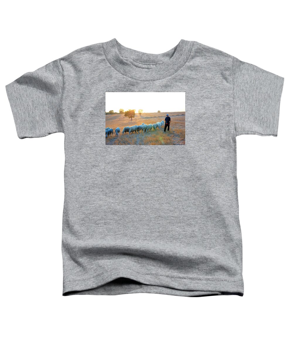  Istanbul Toddler T-Shirt featuring the photograph Shepherd and flock of sheep by Lilia S