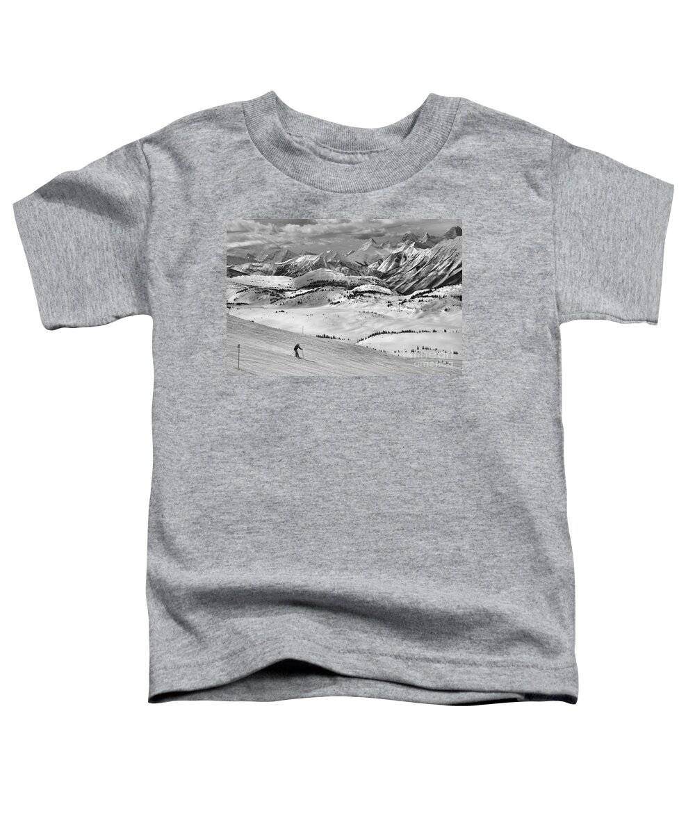 Sunshine Village Toddler T-Shirt featuring the photograph Skiing Through The Canadian Rockies Black And White by Adam Jewell