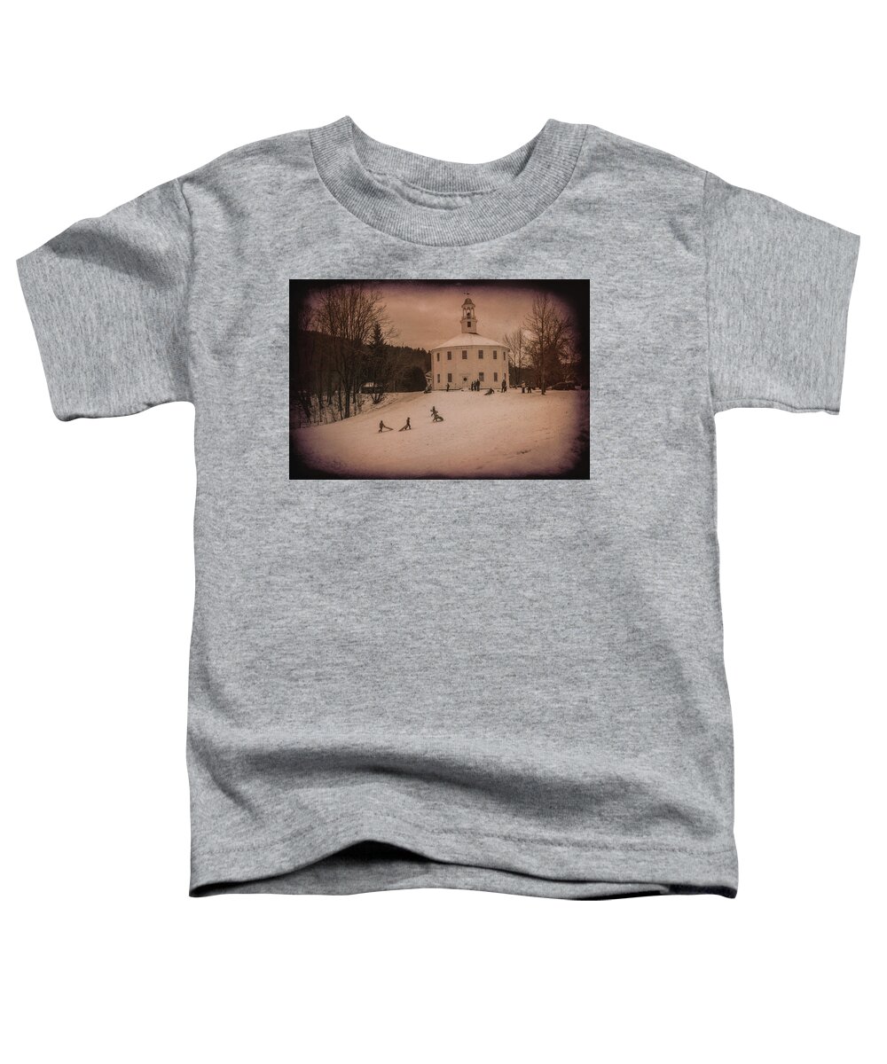 #jefffolger Toddler T-Shirt featuring the photograph Sledding at the Vermont round church by Jeff Folger