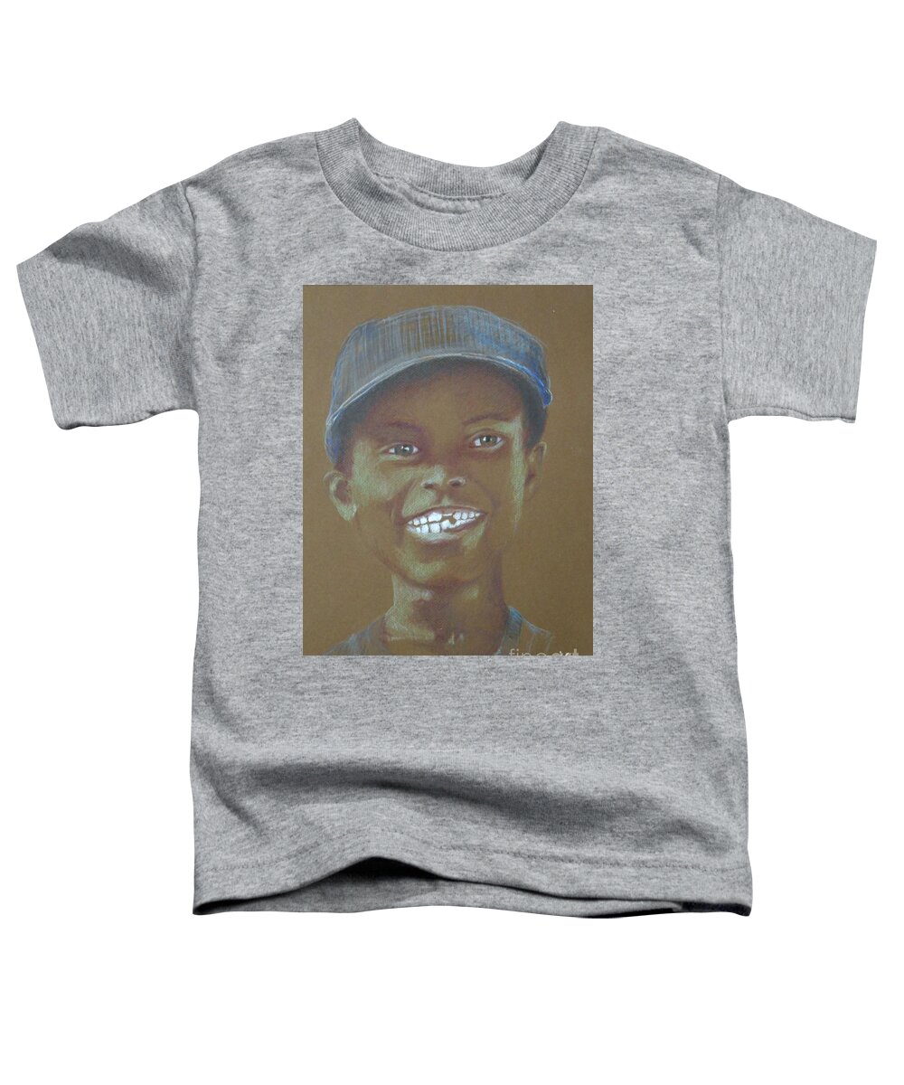 Big Grin Toddler T-Shirt featuring the drawing Small Boy, Big Grin -- Retro Portrait of Black Boy by Jayne Somogy