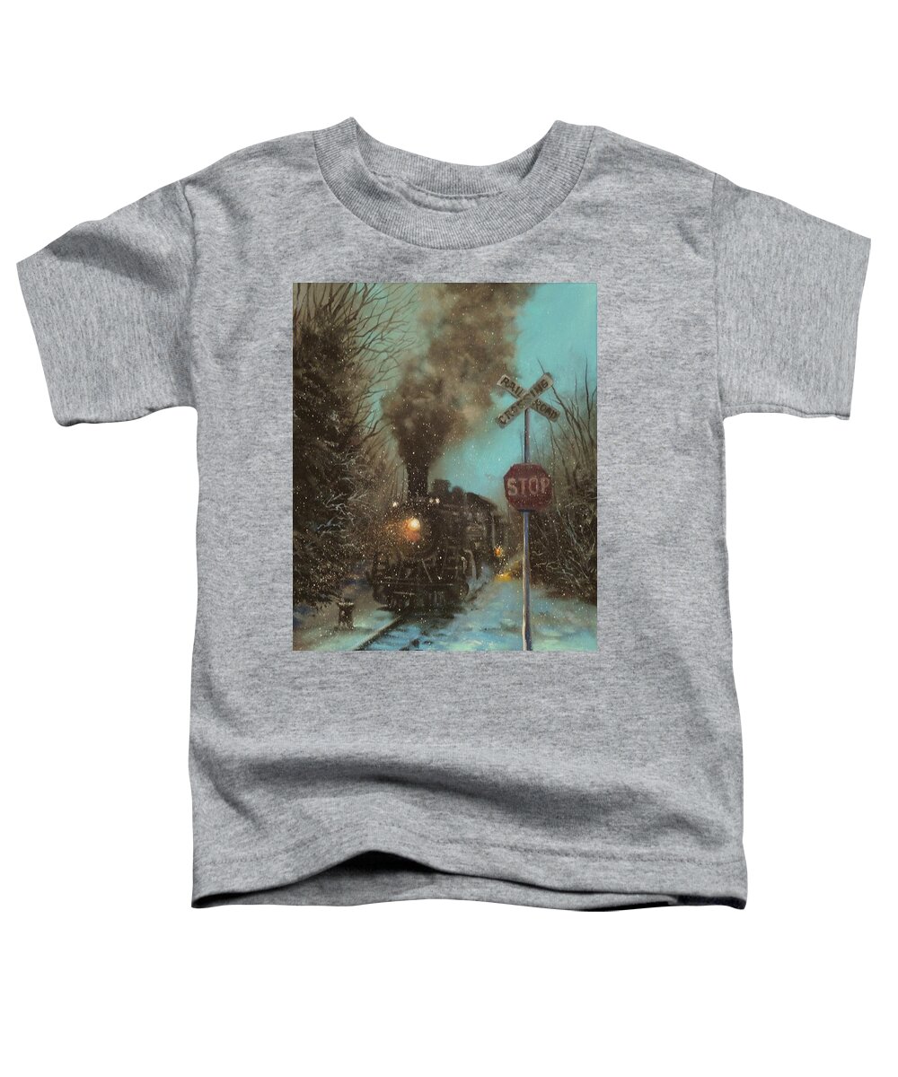 Steam Engine Toddler T-Shirt featuring the painting Snow and Steam by Tom Shropshire
