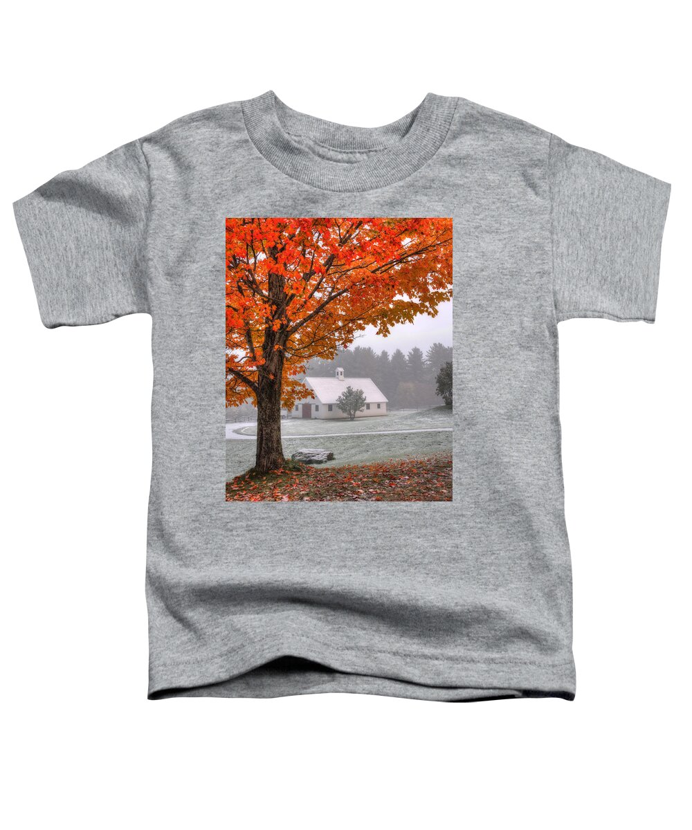 Vermont Toddler T-Shirt featuring the photograph Snow Dust over Autumn Foliage by Joann Vitali
