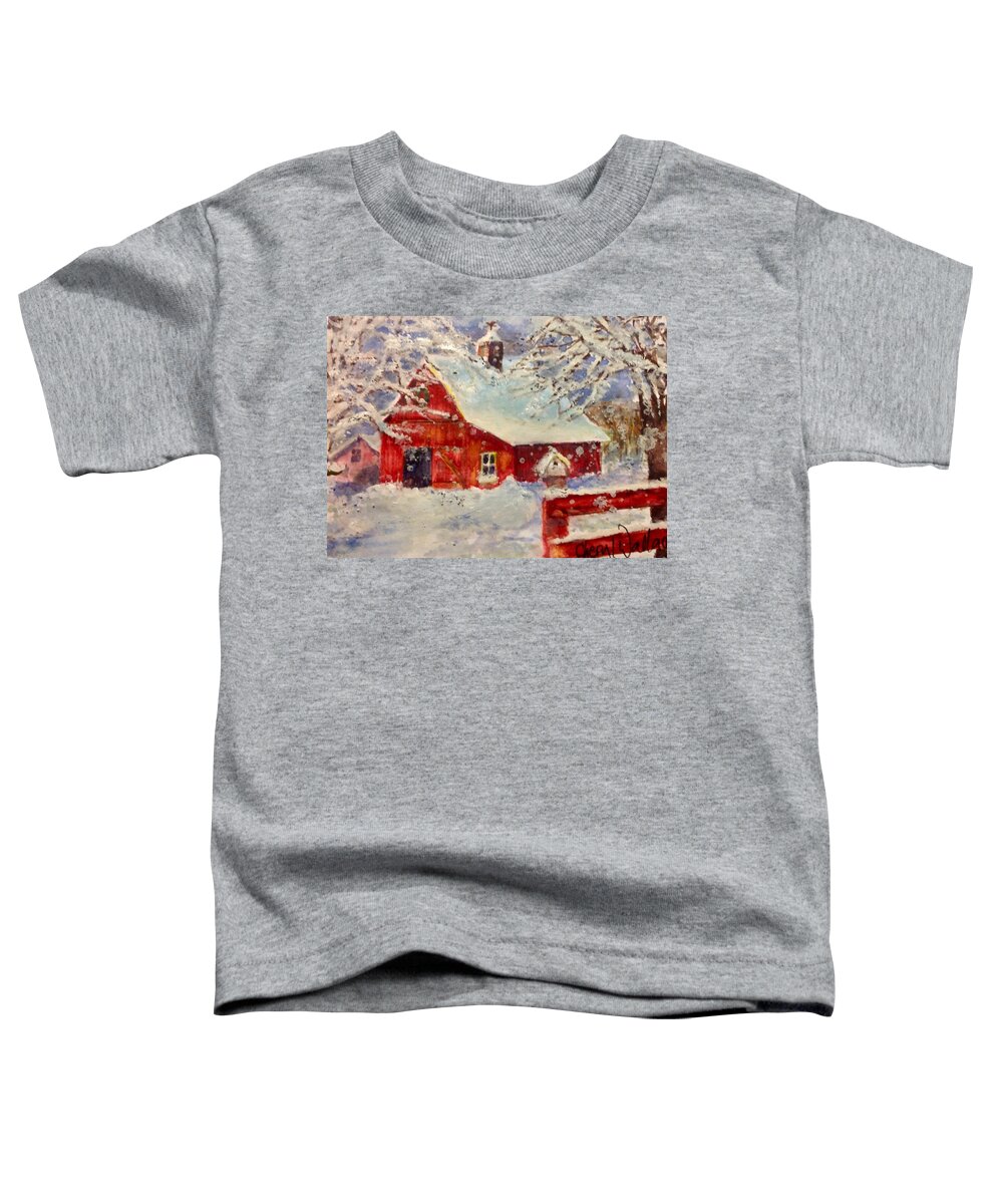 Barn Toddler T-Shirt featuring the painting Snowflakes Falling at the Red Barn by Cheryl Wallace