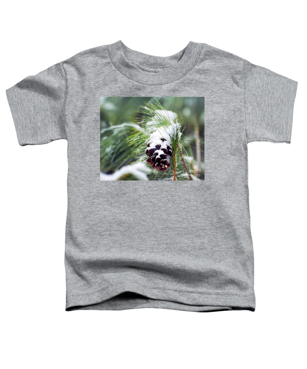 Pine Cone Toddler T-Shirt featuring the photograph Snowy Pine Cone by Kerri Farley