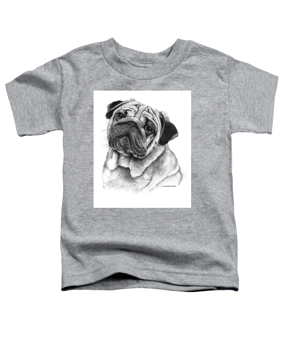 Pug Dog Toddler T-Shirt featuring the drawing Snuggly Puggly by Louise Howarth