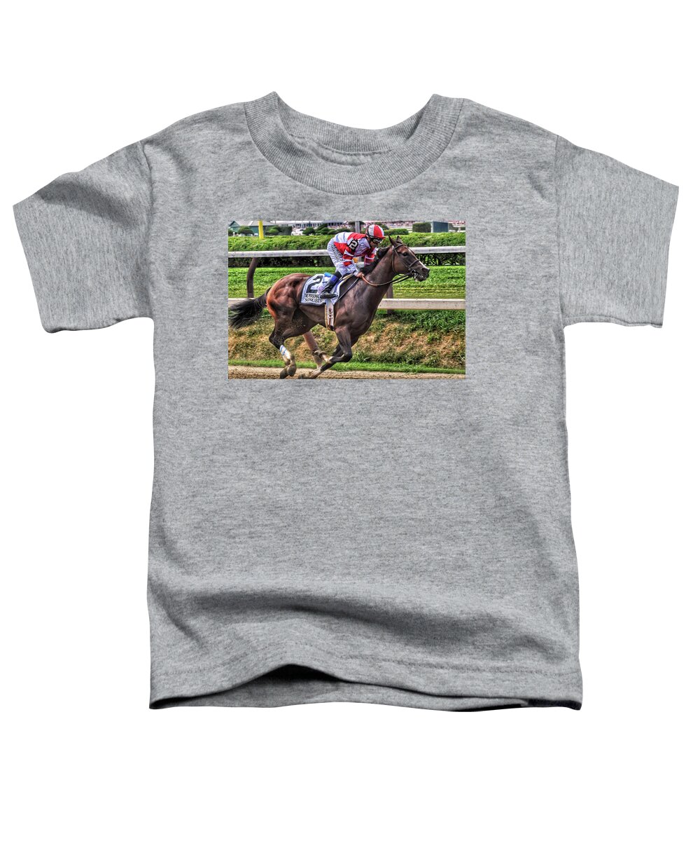 Race Horses Toddler T-Shirt featuring the photograph Songbird with Mike Smith Saratoga August 2017 by Jeffrey PERKINS