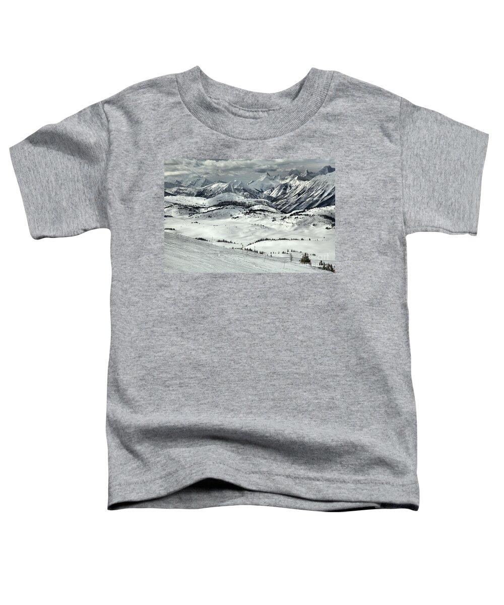 Sunshine Village Toddler T-Shirt featuring the photograph Stormy Skies Over The Sunshine Village Rockies by Adam Jewell