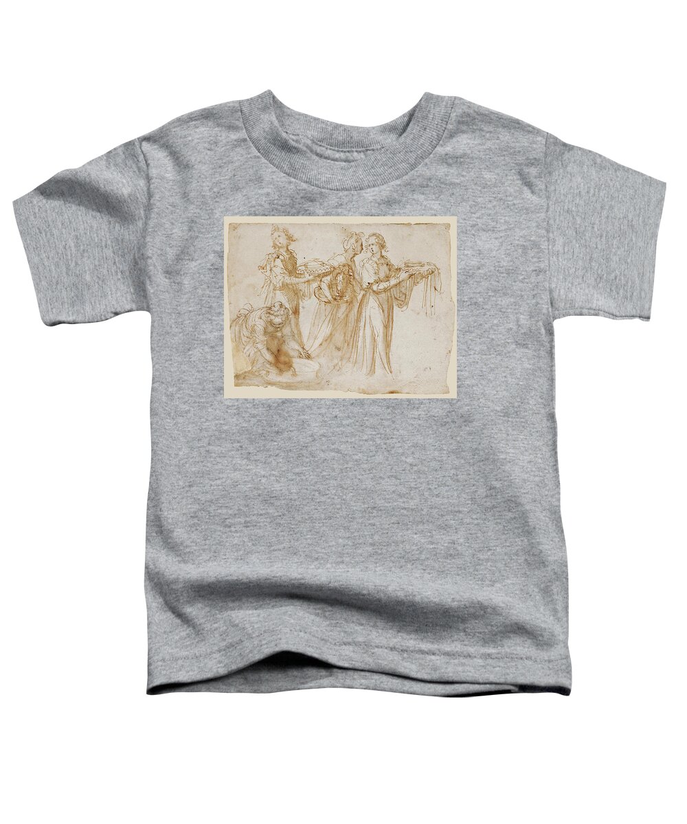 Guglielmo Caccia Toddler T-Shirt featuring the drawing Studies of Four Women carrying Vessels at the Scene of a Birth by Guglielmo Caccia