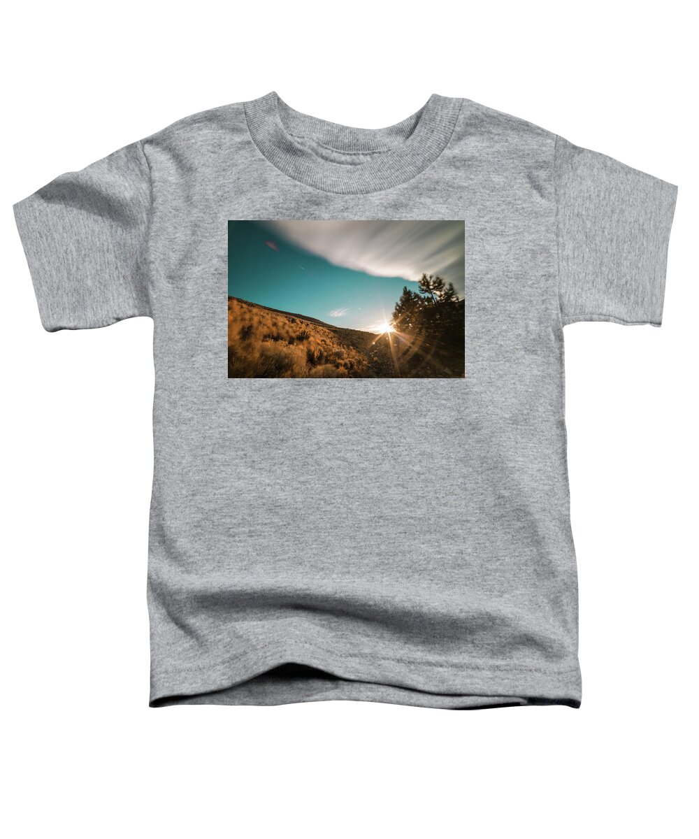  Toddler T-Shirt featuring the photograph Summer Sunset with Blue Sky, Cloud Movement, Trees and Sunburst in Northwest Reno, Nevada by Brian Ball