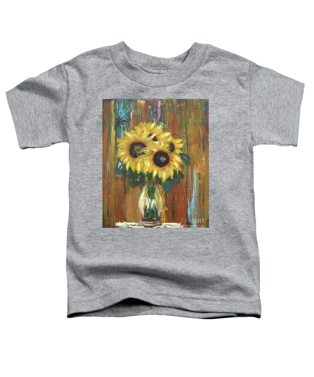 Sunflowers Flowers Vase Green Leaf Yellow Still Life Acrylic On Canvas Painting Print Jar Blue Colors Miroslaw Chelchowski Toddler T-Shirt featuring the painting Sunflowers by Miroslaw Chelchowski