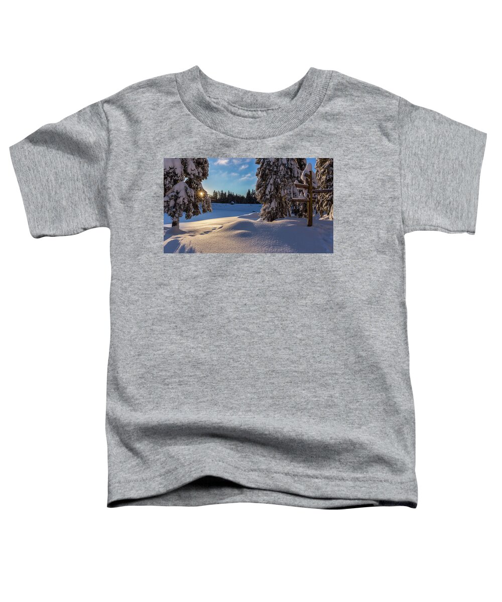 Sunrise Toddler T-Shirt featuring the photograph sunrise at the Oderteich, Harz by Andreas Levi