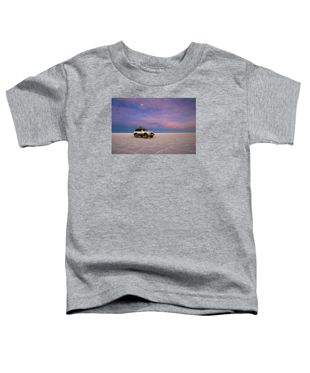 Salar De Uyuni Toddler T-Shirt featuring the photograph Lake Uyuni Sunset with Car by Aivar Mikko