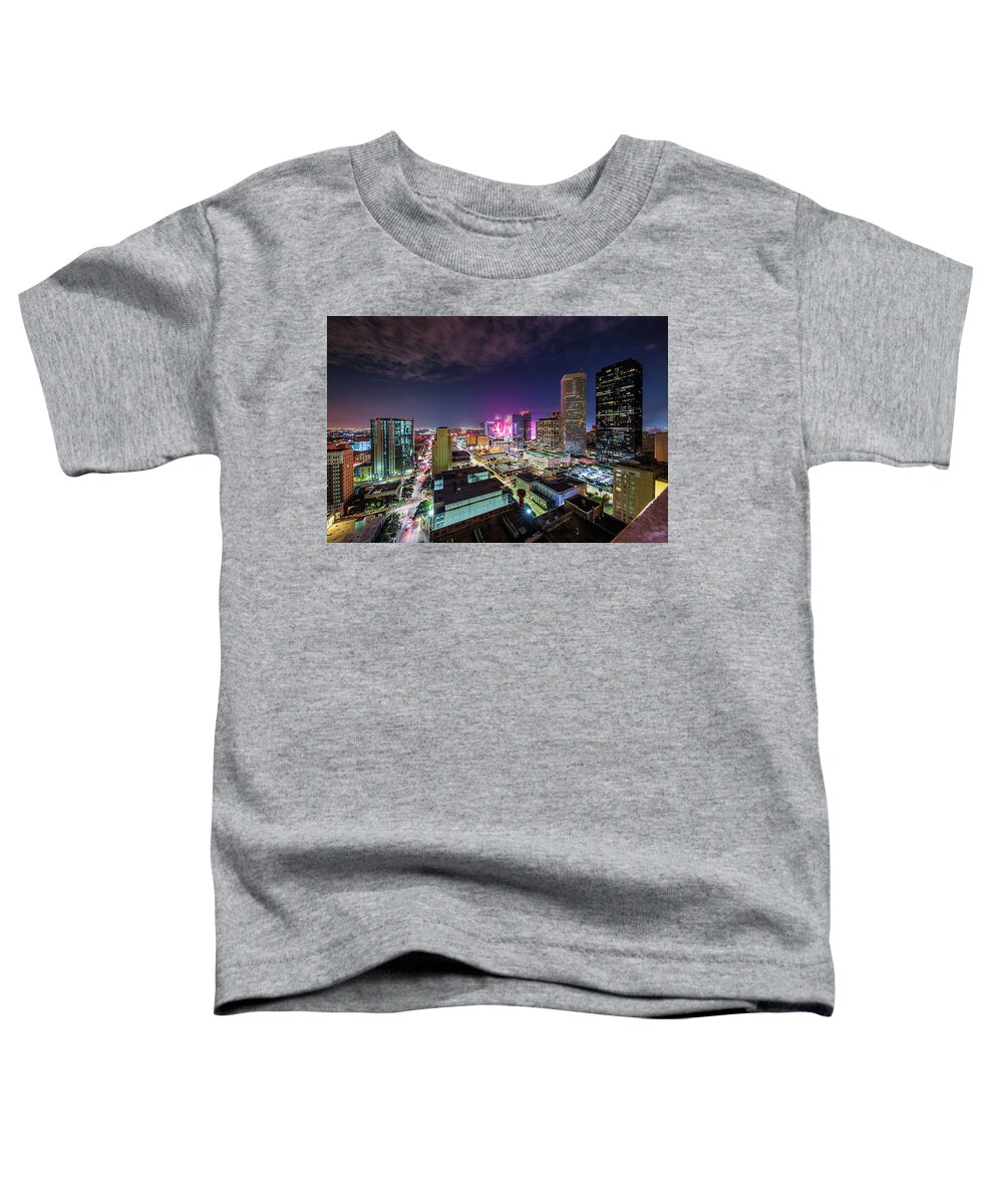 Super Toddler T-Shirt featuring the photograph Super Bowl LI Down Town Houston Fireworks by Micah Goff