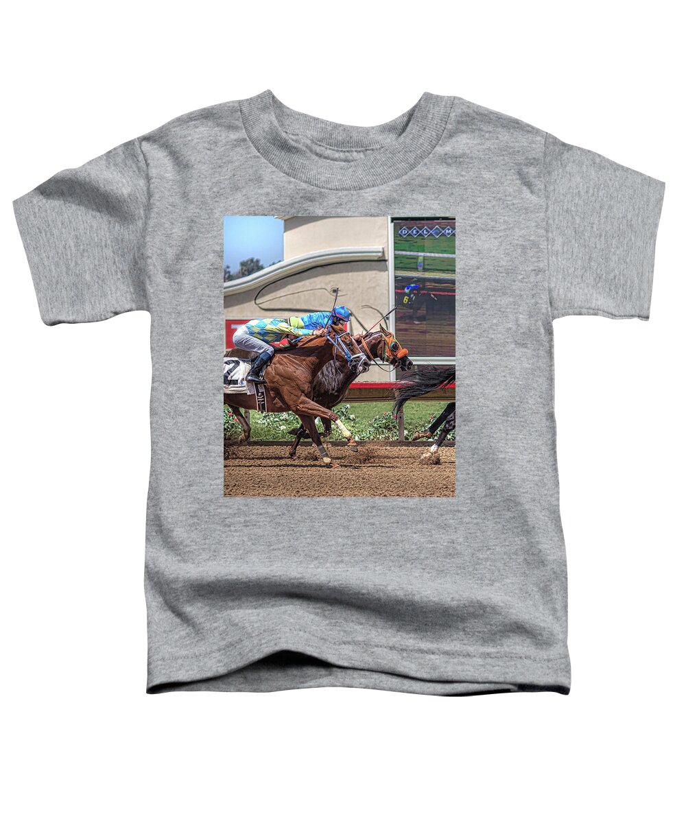 Horse Racing Toddler T-Shirt featuring the photograph The Race to Place by JoAnn Silva