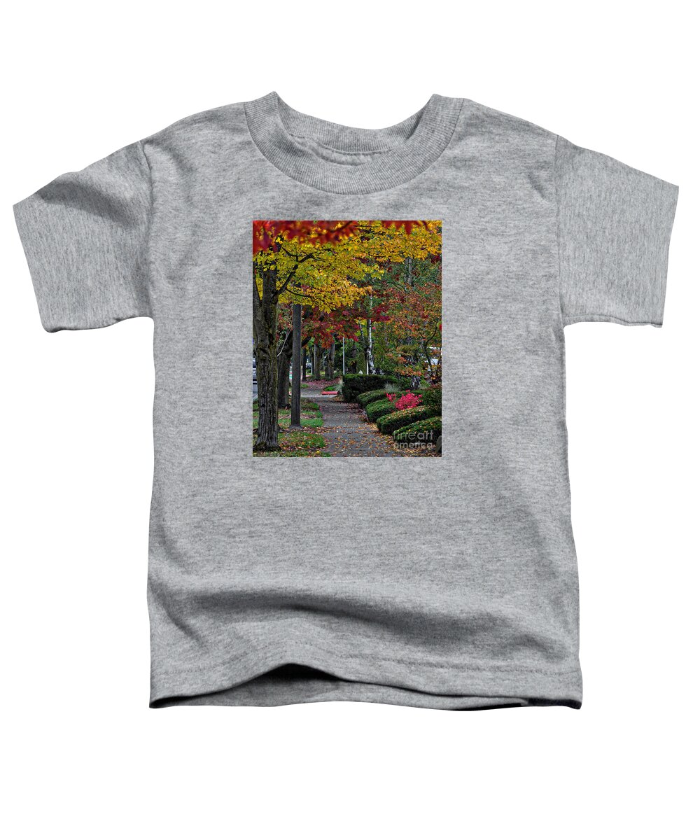 Autumn-colors Toddler T-Shirt featuring the photograph The Sidewalk And Fall by Kirt Tisdale