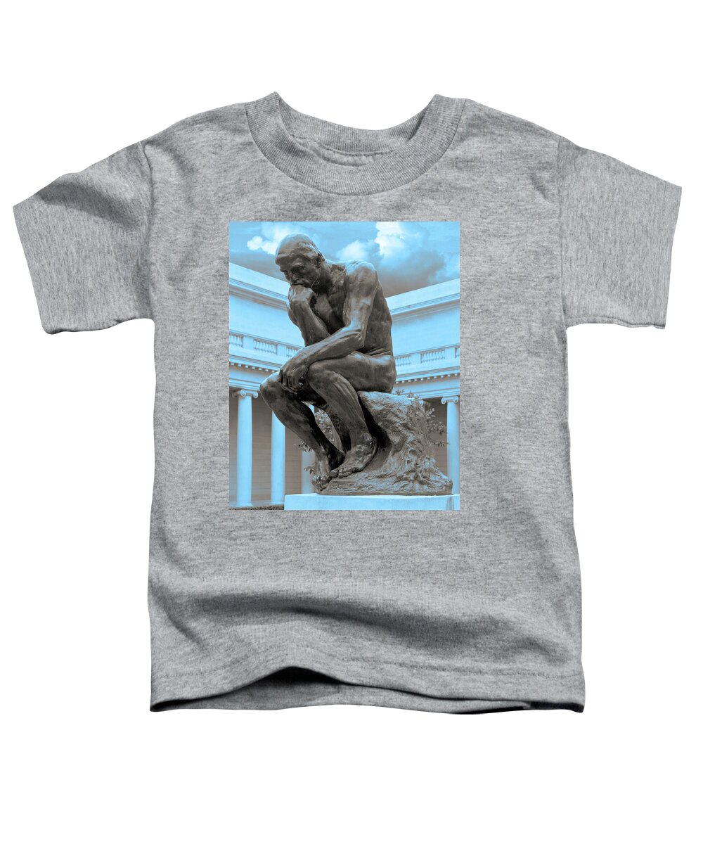 The Thinker Toddler T-Shirt featuring the photograph The Thinker Sculpture in Blue Light Auguste Rodin Legion of Honor San Francisco California 2 by Kathy Anselmo