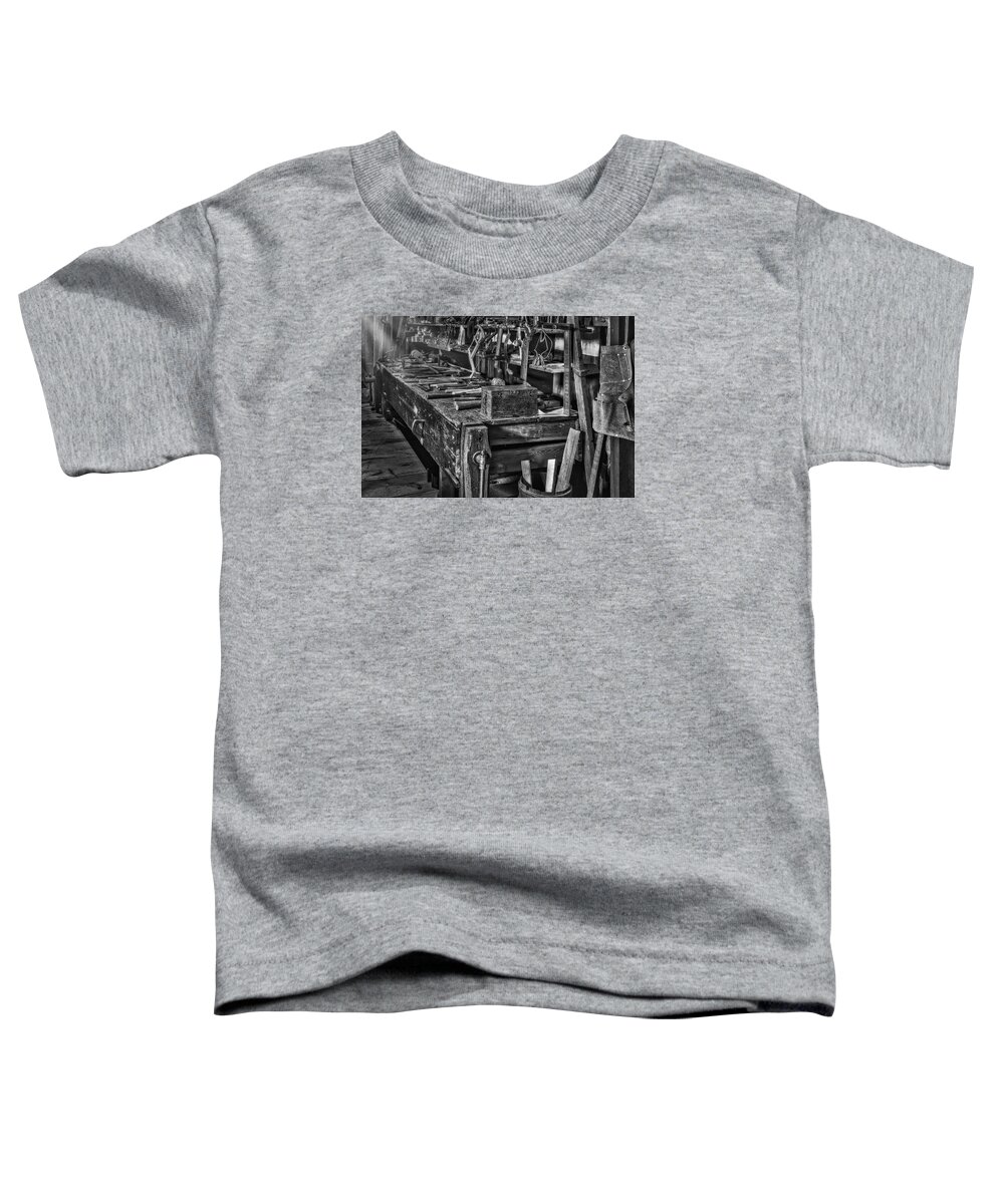 Aged Toddler T-Shirt featuring the photograph This Old Workshop BW by Susan Candelario