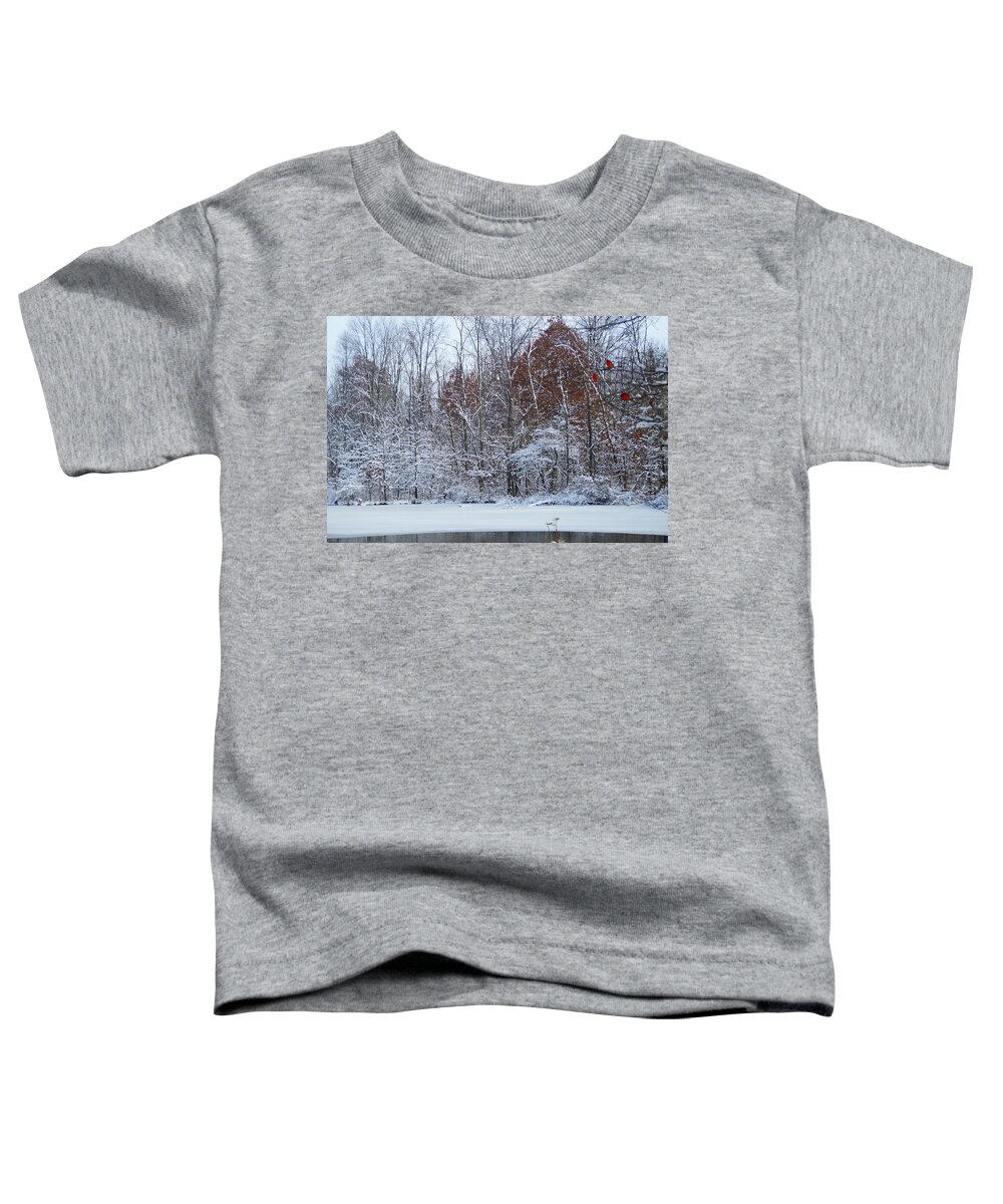 Birds Toddler T-Shirt featuring the photograph Three Little Red Birds Sitting in a Tree by Beth Collins