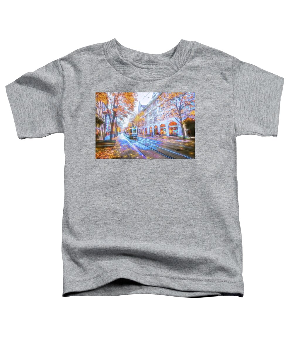 Trolley Toddler T-Shirt featuring the digital art Trolley Street Scene by David Luebbert