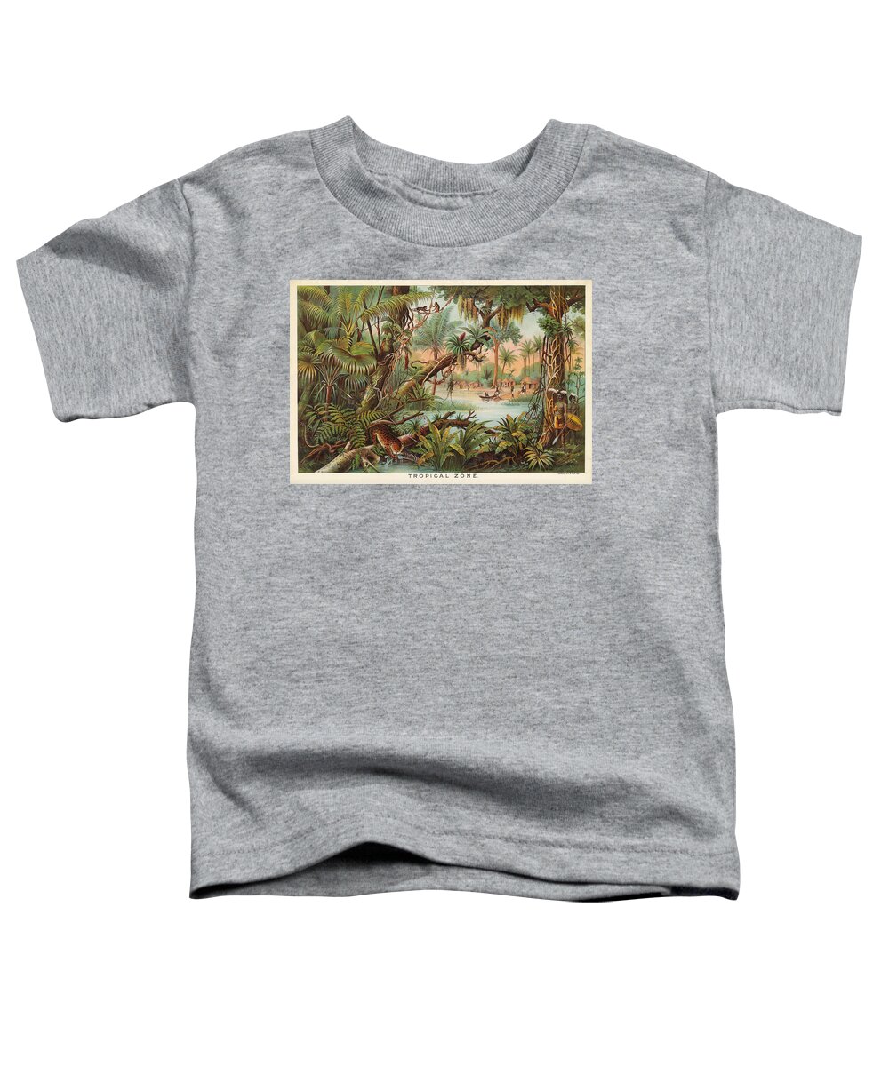 Tropical Zone Toddler T-Shirt featuring the drawing Tropical Zone - Illustrated Atlas - Old Historic Chart - Tropical Vegetation - Tribals Hunting by Studio Grafiikka