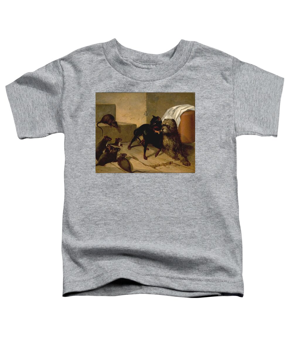 Two Dogs Cowering Before Rats Toddler T-Shirt featuring the painting Two Dogs Cowering before Rats by MotionAge Designs