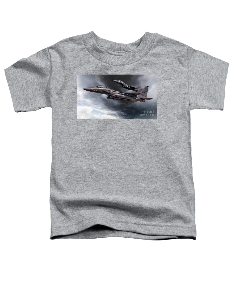 Usaf Toddler T-Shirt featuring the photograph Two fighter jets close up in storm clouds by Simon Bratt