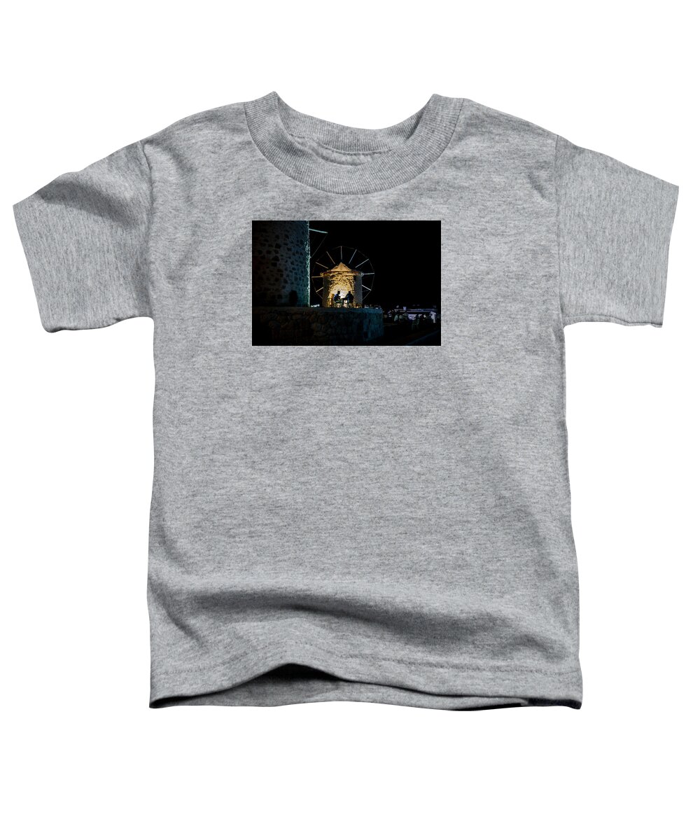 Alacati Toddler T-Shirt featuring the photograph Two Men Eating by the Alacati Windmills by Anthony Doudt