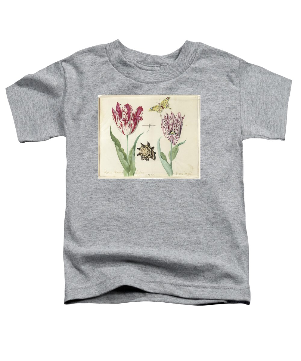 Two Tulips Toddler T-Shirt featuring the painting Two Tulips, a Shell, a Butterfly and a Dragonfly by Celestial Images