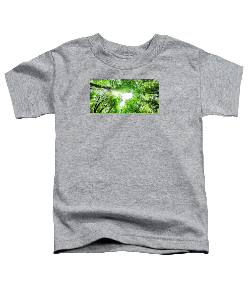 Tree Toddler T-Shirt featuring the photograph View through tree canopy with bird soaring by Simon Bratt