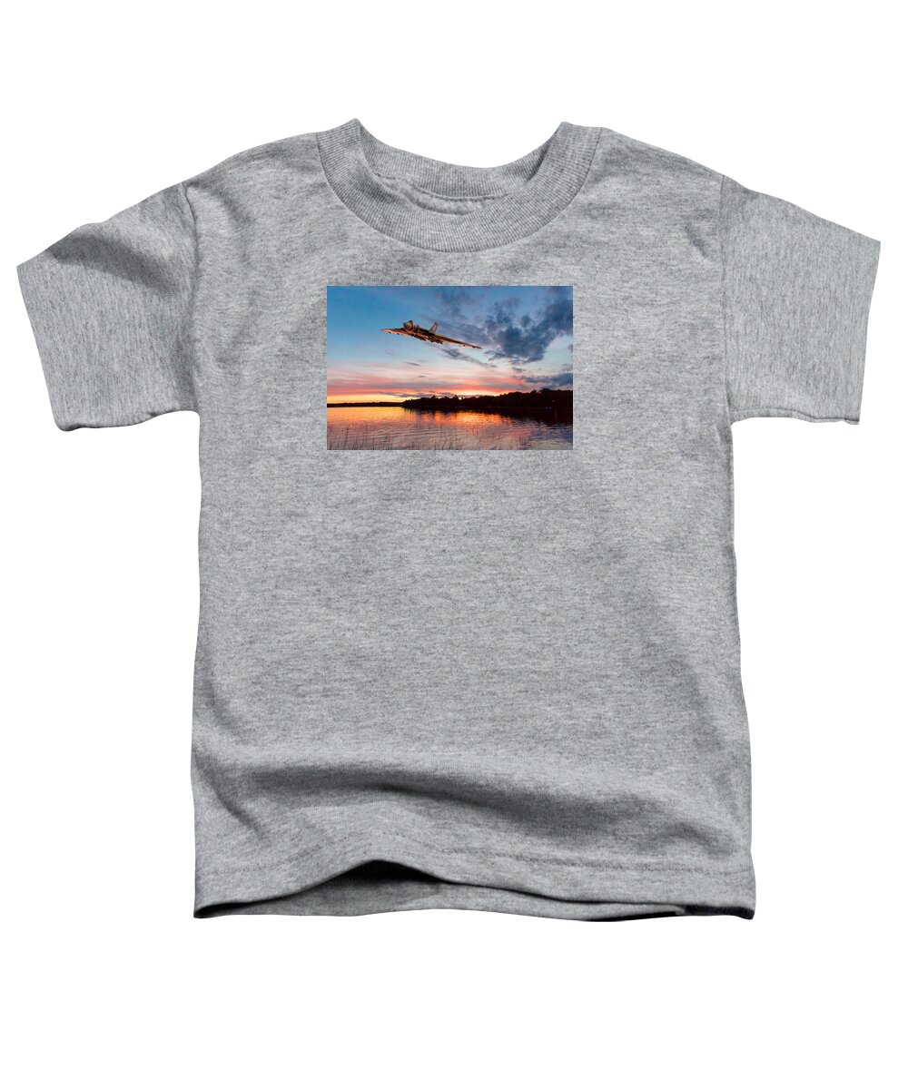 Avro Vulcan Toddler T-Shirt featuring the digital art Vulcan low over a sunset lake by Gary Eason