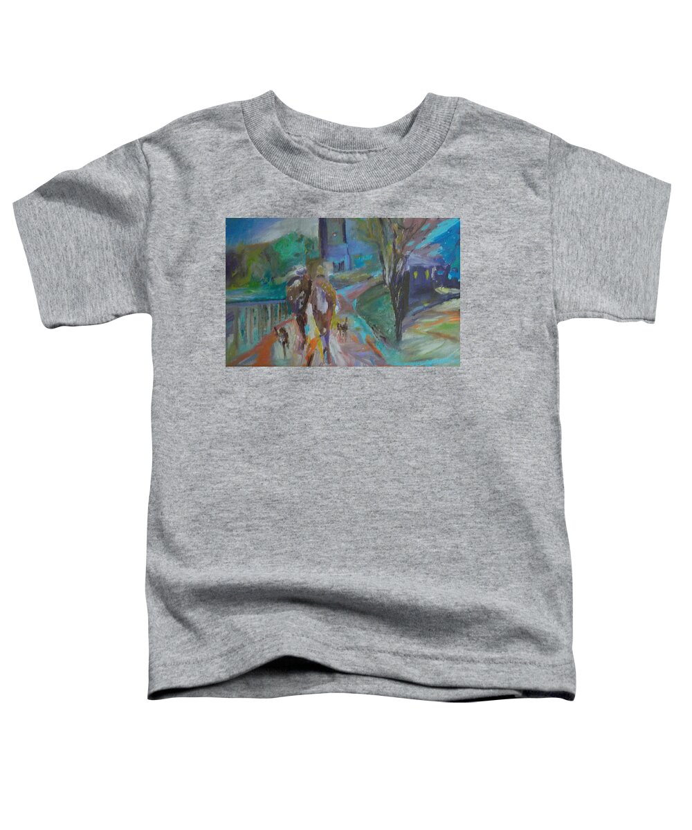 Cityscape Toddler T-Shirt featuring the painting Walkin the Dogs by Susan Esbensen