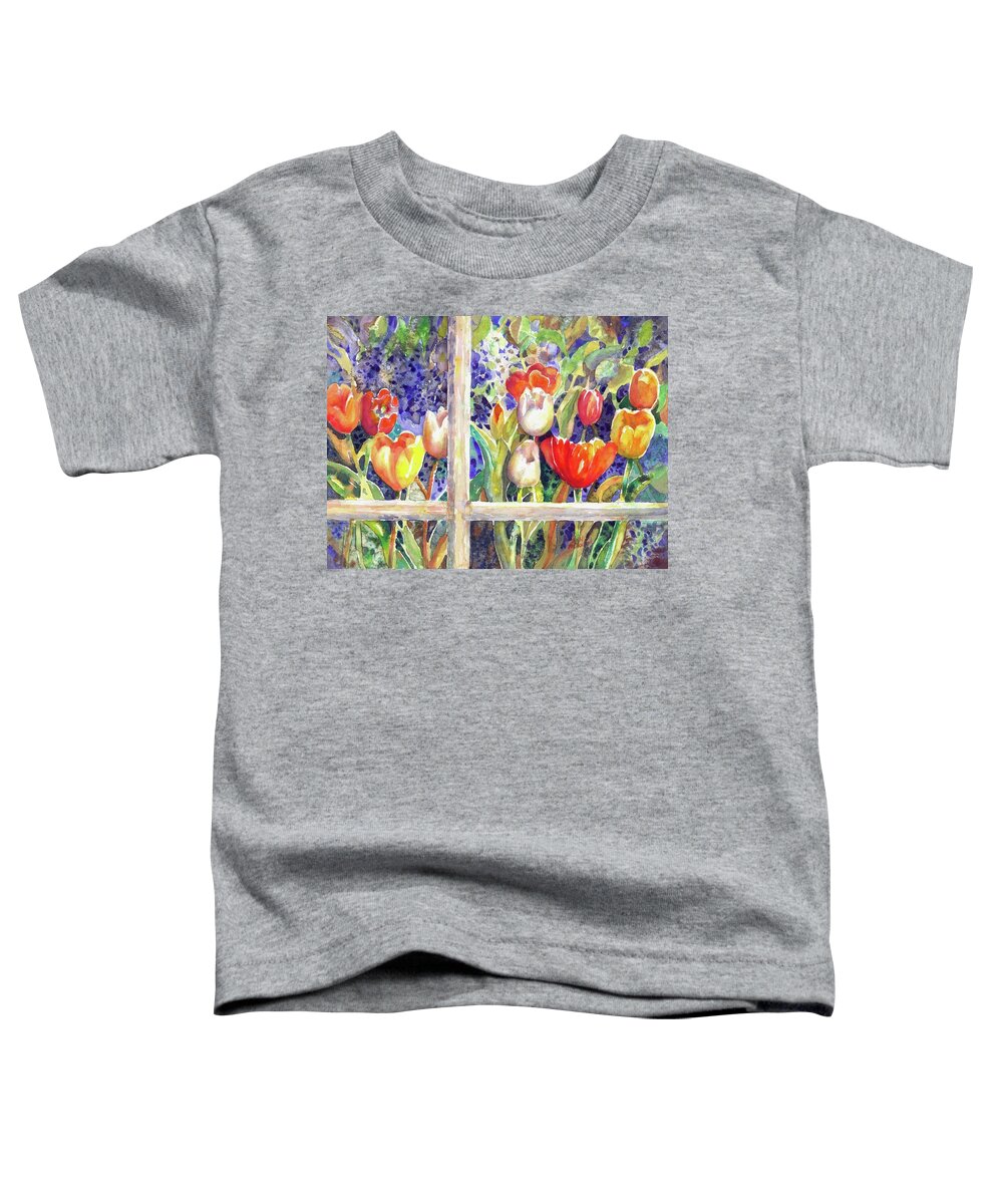 Watercolor Toddler T-Shirt featuring the painting Window Box Tulips by Ann Nicholson