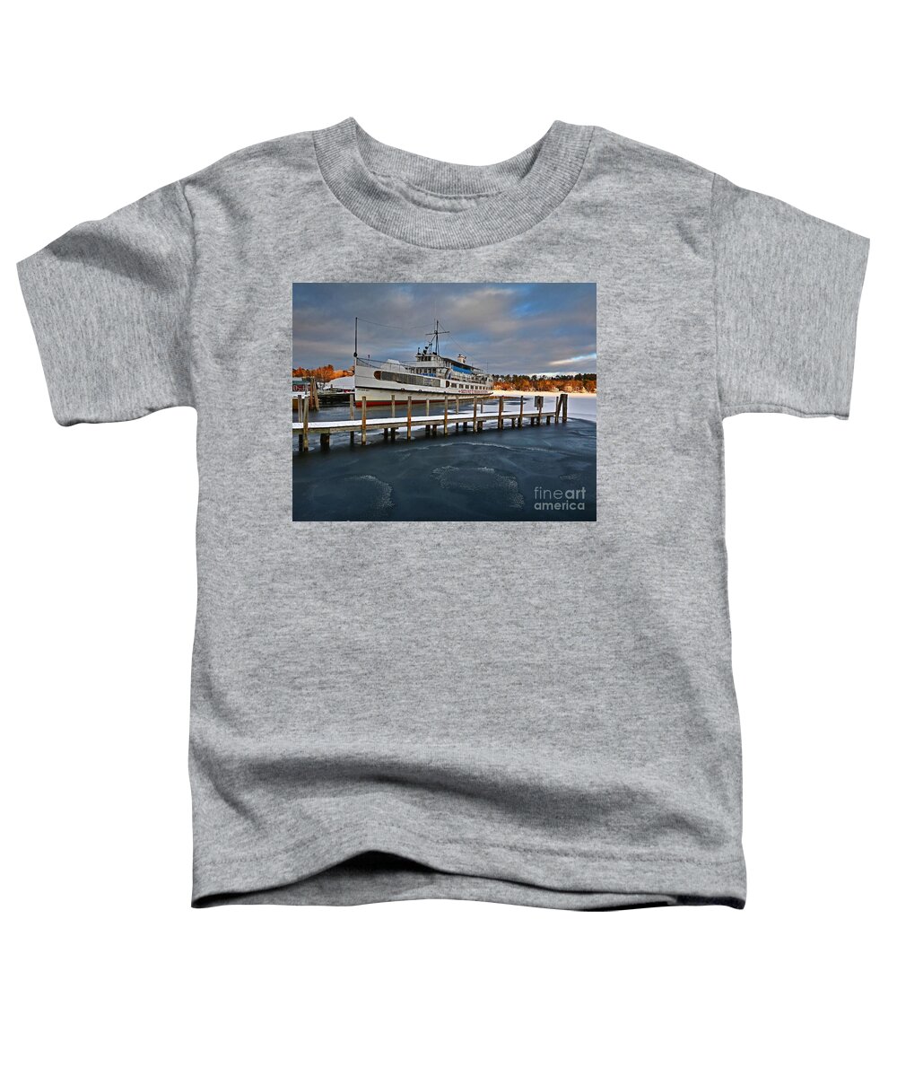 Lake Winnipesaukee Toddler T-Shirt featuring the photograph Winter at the Dock by Steve Brown