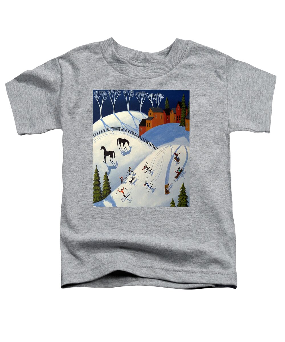 Folk Art Toddler T-Shirt featuring the painting Winter Fun Day - folk art landscape by Debbie Criswell