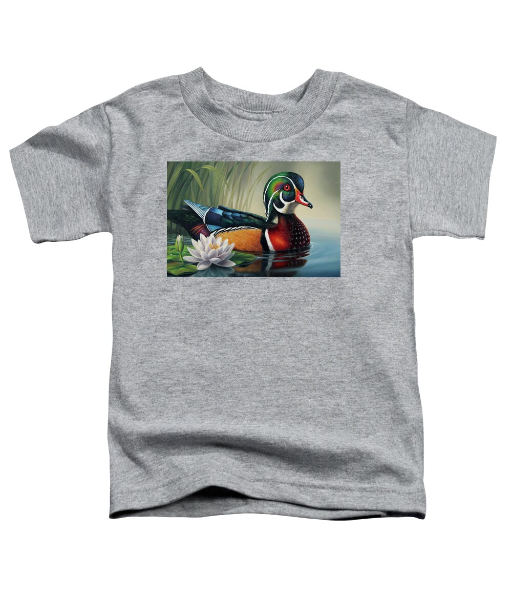 Duck Toddler T-Shirt featuring the painting Wood Duck and Lily Pad by Guy Crittenden