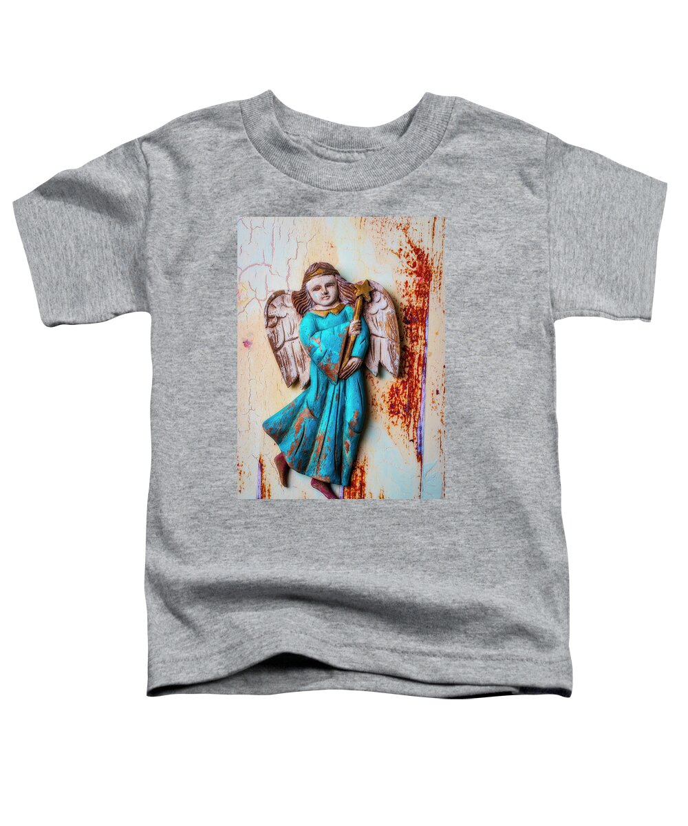 Angel Toddler T-Shirt featuring the photograph Wooden Angel On Old Wall by Garry Gay